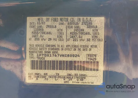 1997 Ford F-150 Lariat/Standard/Xl/Xlt from USA, damaged, VIN 1FTDX1767VKC80024